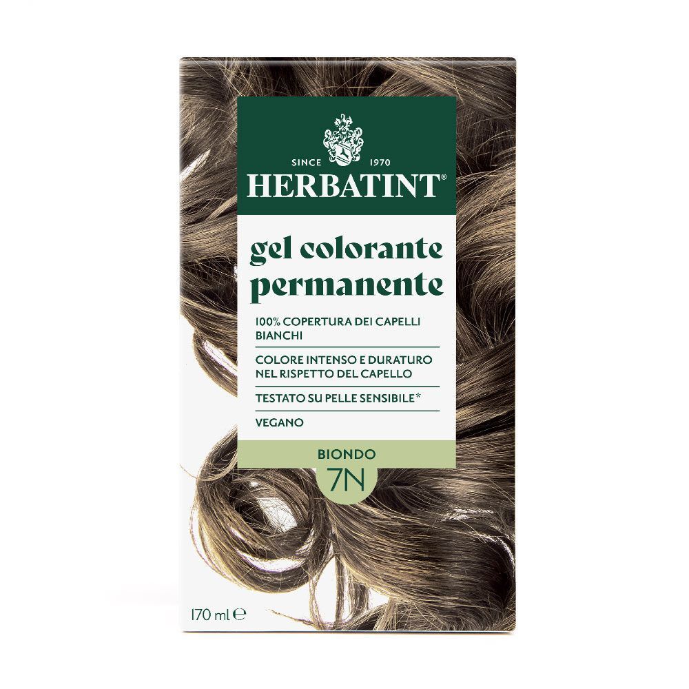 Una confezione di Herbatint Gel Colorante Permanente 7N Biondo con immagine di capelli biondi.