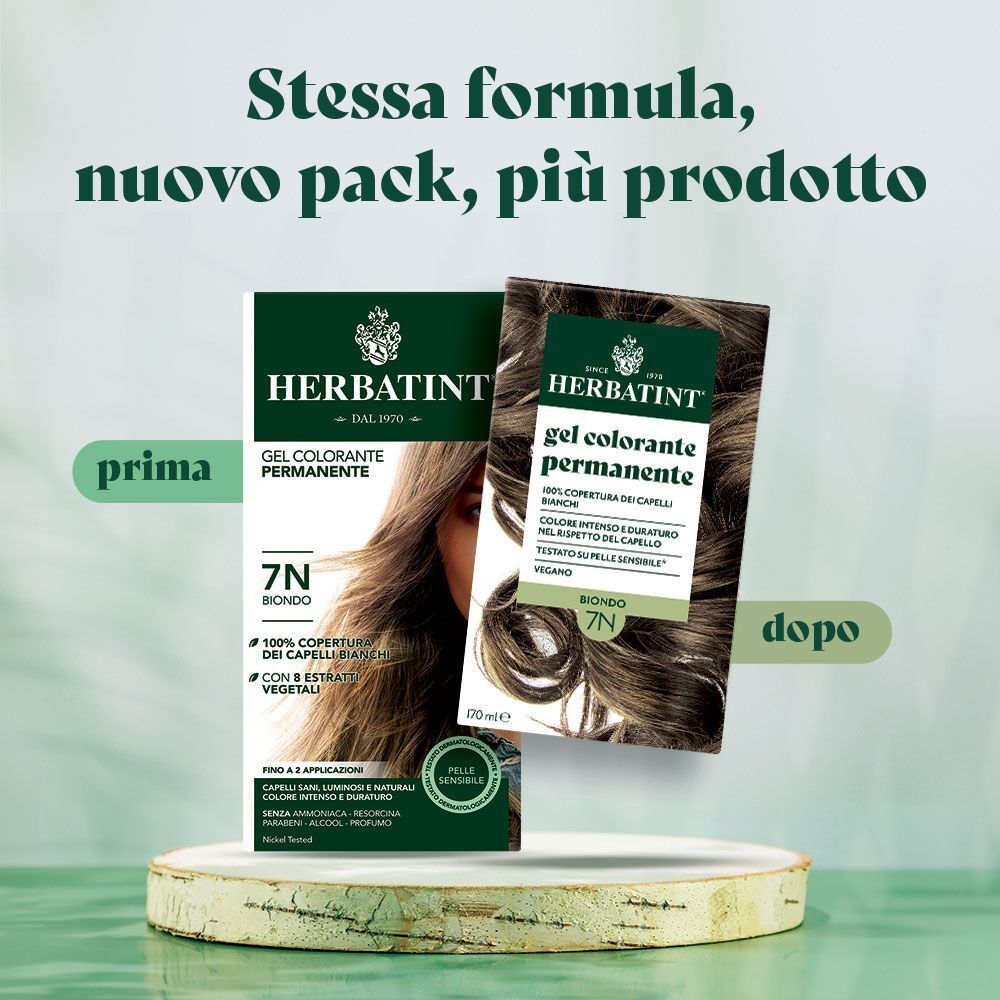 Confronto prima e dopo di Herbatint Gel Colorante Permanente 7N Biondo su una scatola.