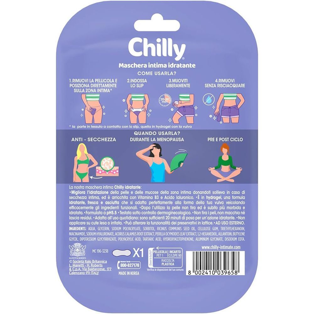 Retro di una confezione di maschere intime Chilly con istruzioni e ingredienti.