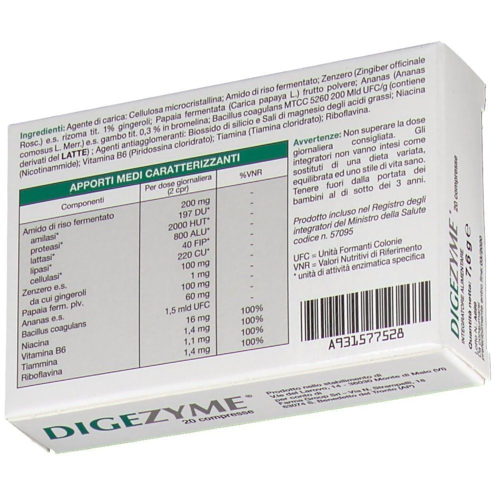 Retro della confezione Digezyme® con elenco ingredienti e valori nutrizionali.