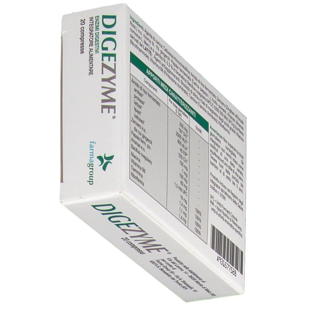 Vista laterale della confezione Digezyme® con valori nutrizionali e codice a barre.