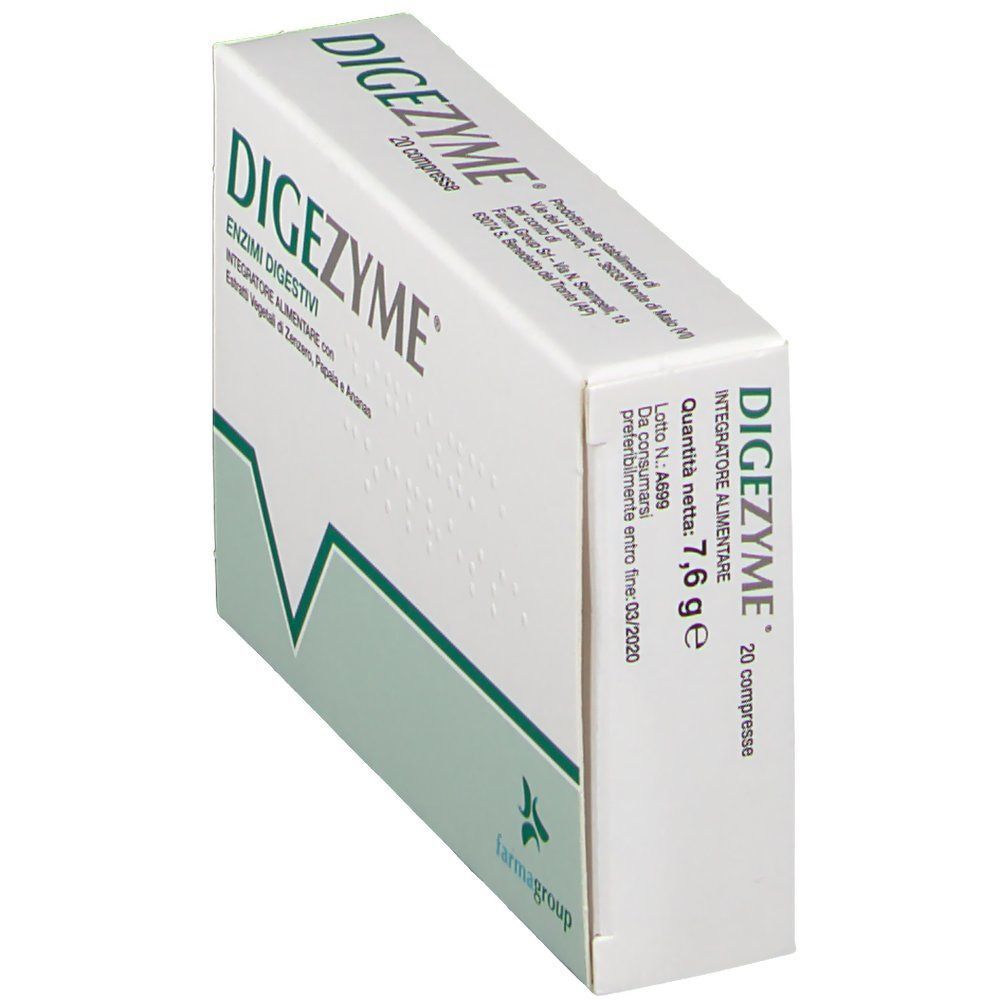 Una scatola di Digezyme® Enzimi digestivi, vista laterale con elenco ingredienti e valori nutrizionali.