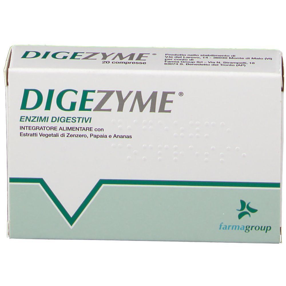 Fronte di una scatola Digezyme® con indicazione 'Enzimi Digestivi' ed estratti vegetali.