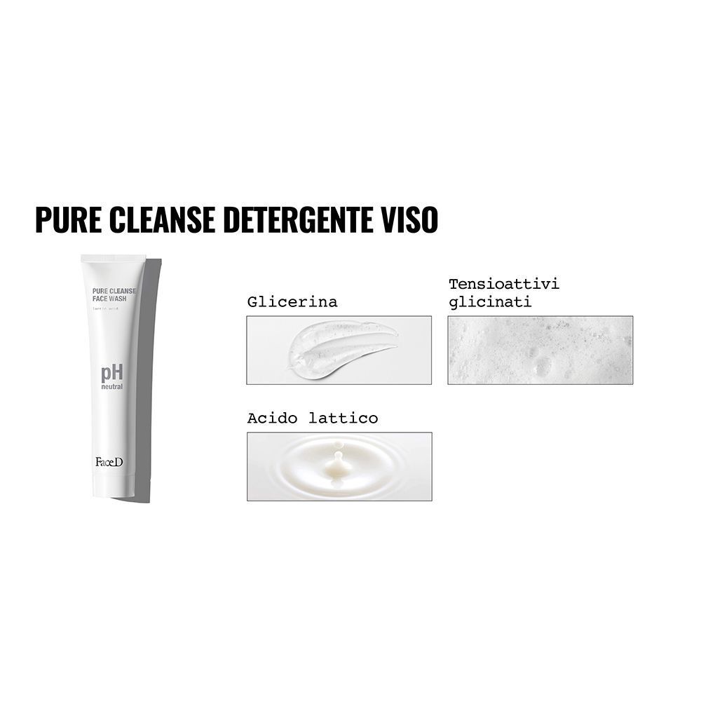Detergente viso Face D Pure Cleanse: tubo e rappresentazioni di glicerina, tensioattivi e acido lattico.