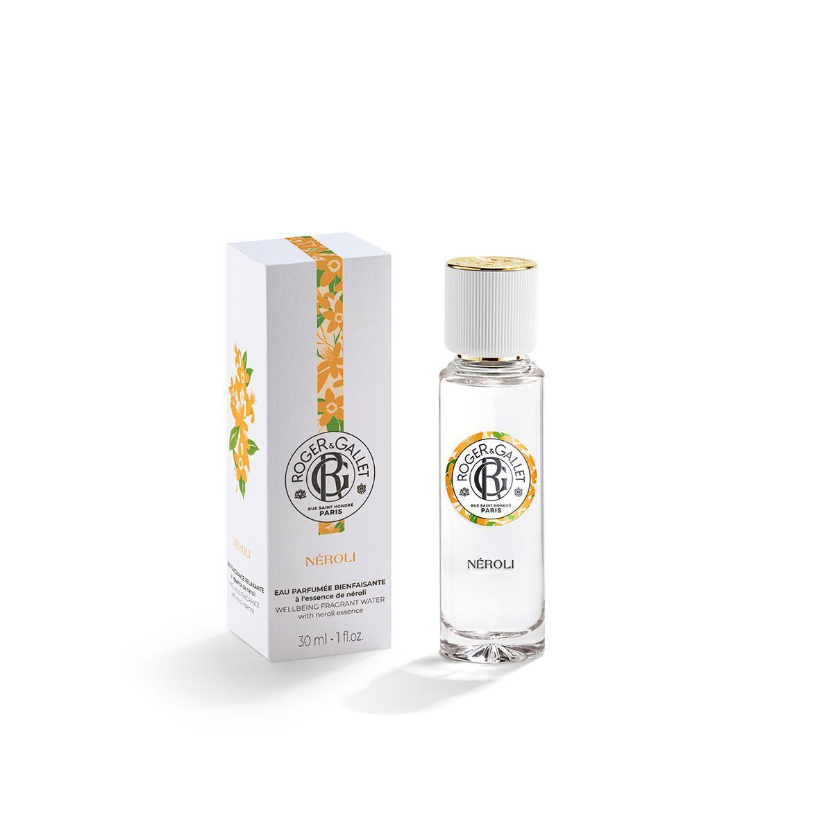 Flacone ROGER&GALLET Neroli Eau de Parfum 30ml accanto alla sua confezione bianca con motivi floreali arancioni.