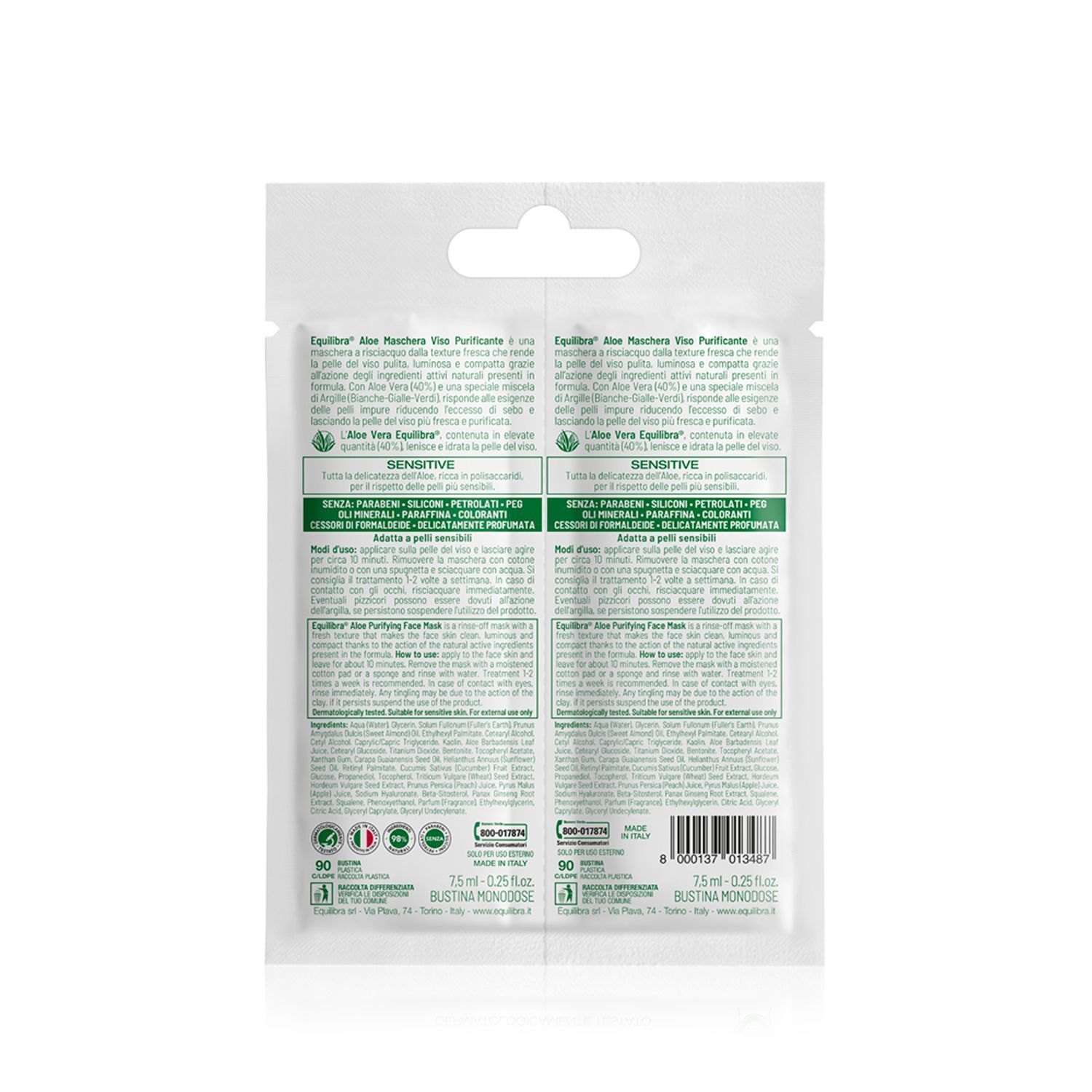 Retro di due bustine maschera viso Equilibra Aloe con informazioni prodotto e sigle.