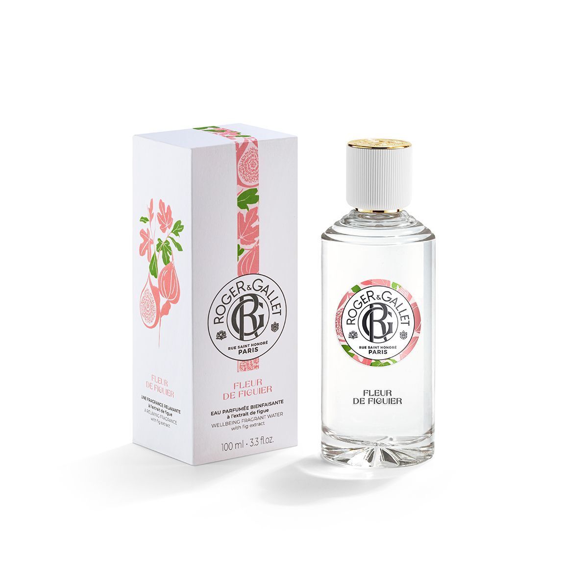 Flacone e scatola di ROGER&GALLET Fleur De Figuier Eau de Parfum con motivo a fico.