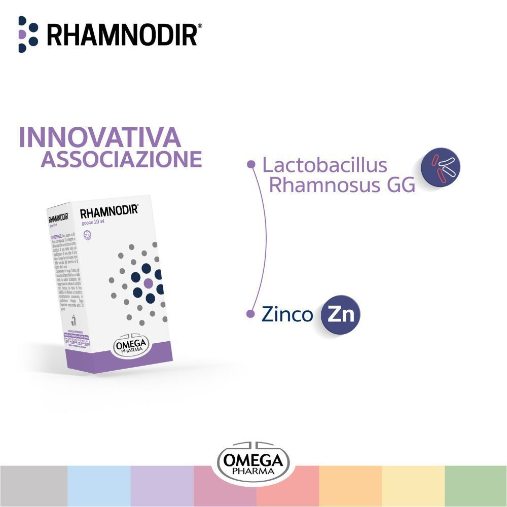 Scatola di RHAMNODIR® Gocce. Contiene Lactobacillus Rhamnosus GG e Zinco. Associazione innovativa.