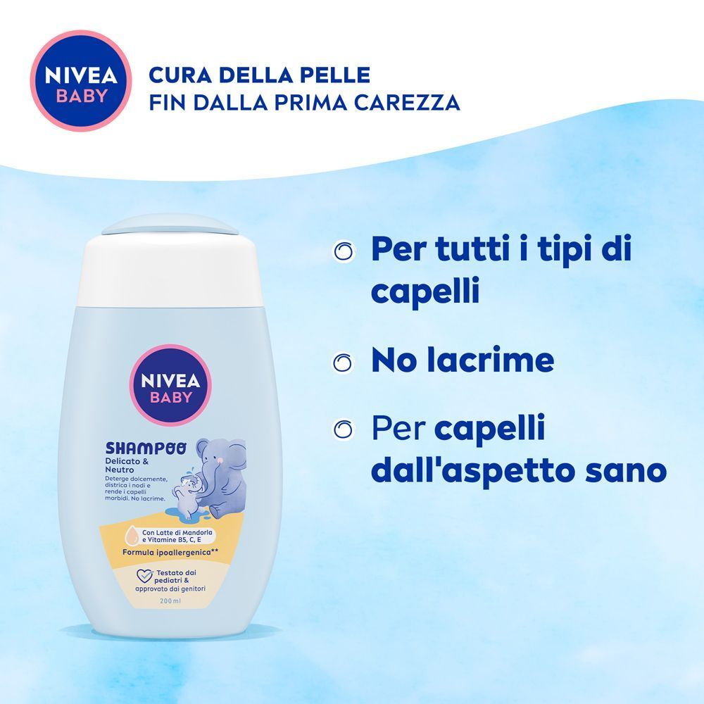 Flacone Nivea Baby Shampoo con disegno di elefante. Per tutti i tipi di capelli, senza lacrime.