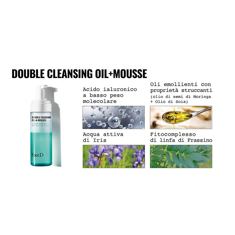 Face D Doppia Detersione Olio + Mousse: flacone, acido ialuronico, acqua di iris, olio di moringa e soia.