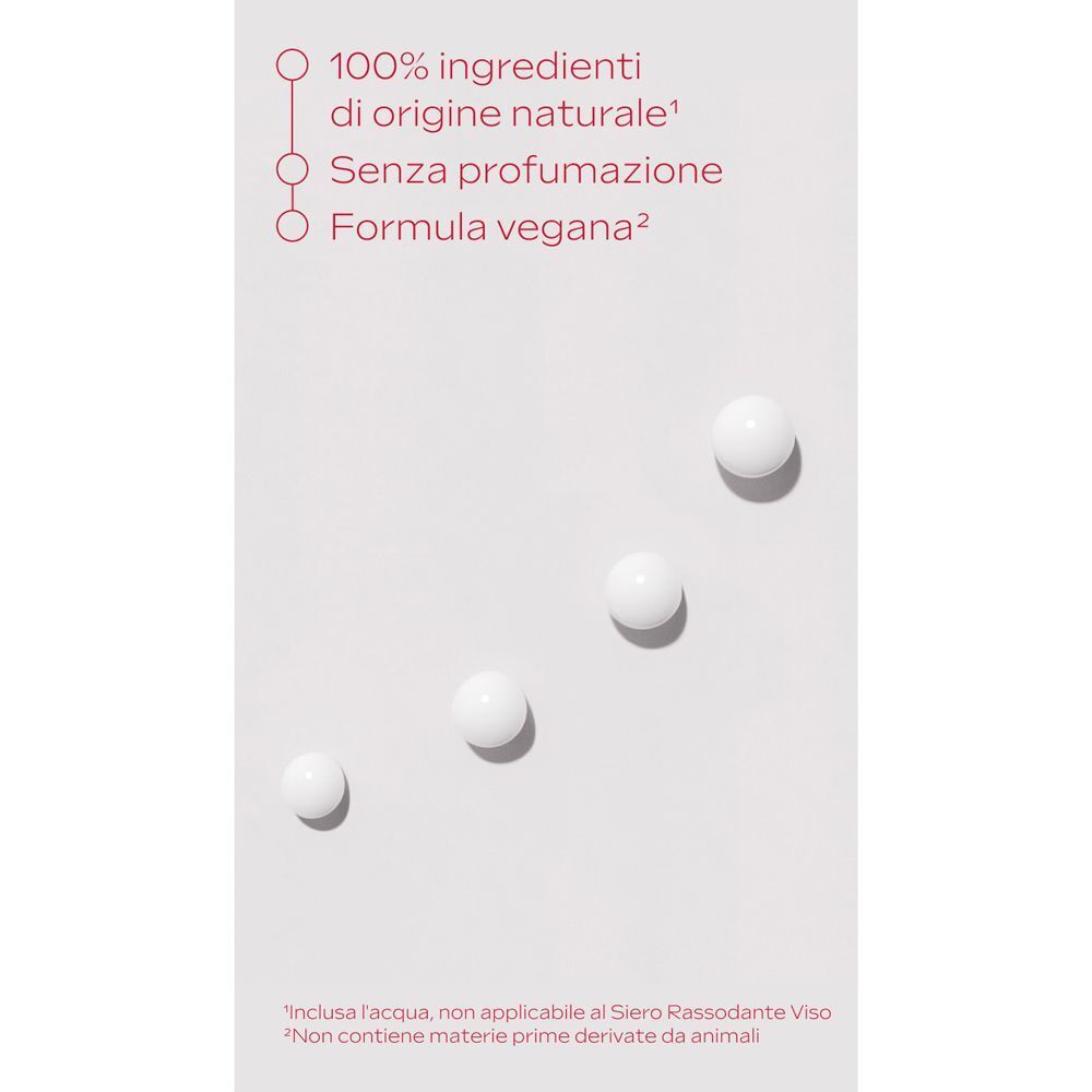 Quattro sfere bianche su sfondo bianco, con testo italiano su ingredienti naturali e formula vegana.