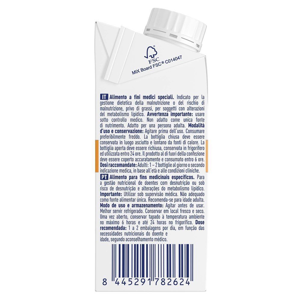 Meritene Clinical Frutta, lato con istruzioni per l'uso e logo FSC.