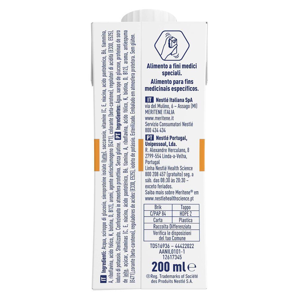 Lato Meritene Clinical Frutta: lista ingredienti, informazioni produttore, codice a barre.