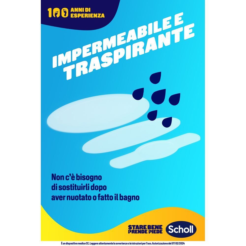 Cerotti Scholl per vesciche impermeabili e traspiranti. Non serve sostituirli dopo nuoto o bagno.
