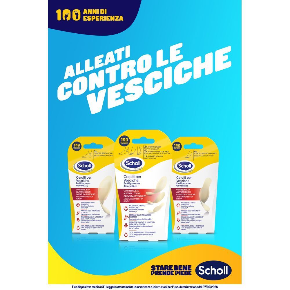 Cerotti Scholl per vesciche, alleati contro le vesciche. Tre confezioni una accanto all'altra.