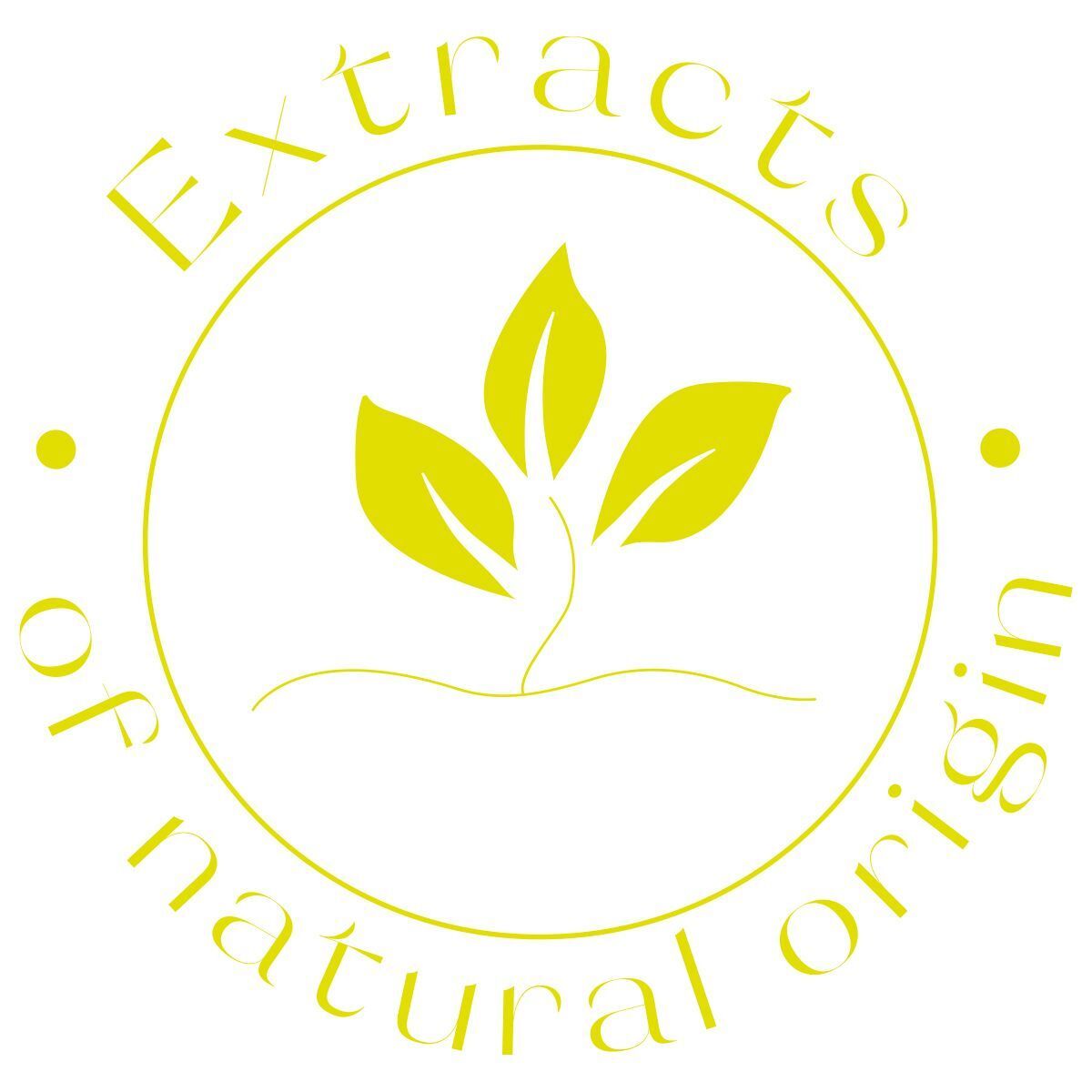 Emblema circolare con scritta 'Extracts of natural origin' e una pianta stilizzata.