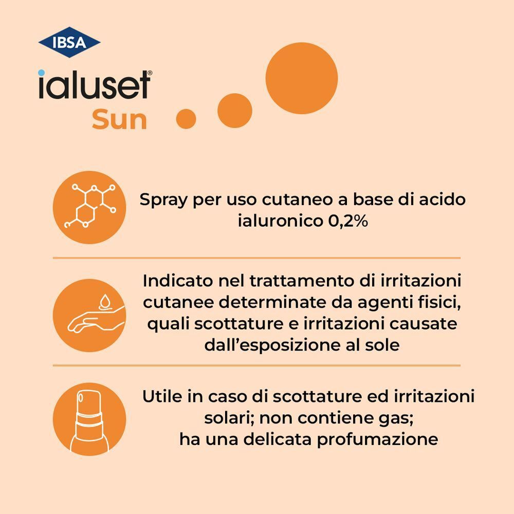 Ialuset Sun Spray: Spray per uso cutaneo con acido ialuronico 0,2%. Per scottature e irritazioni. Senza gas.