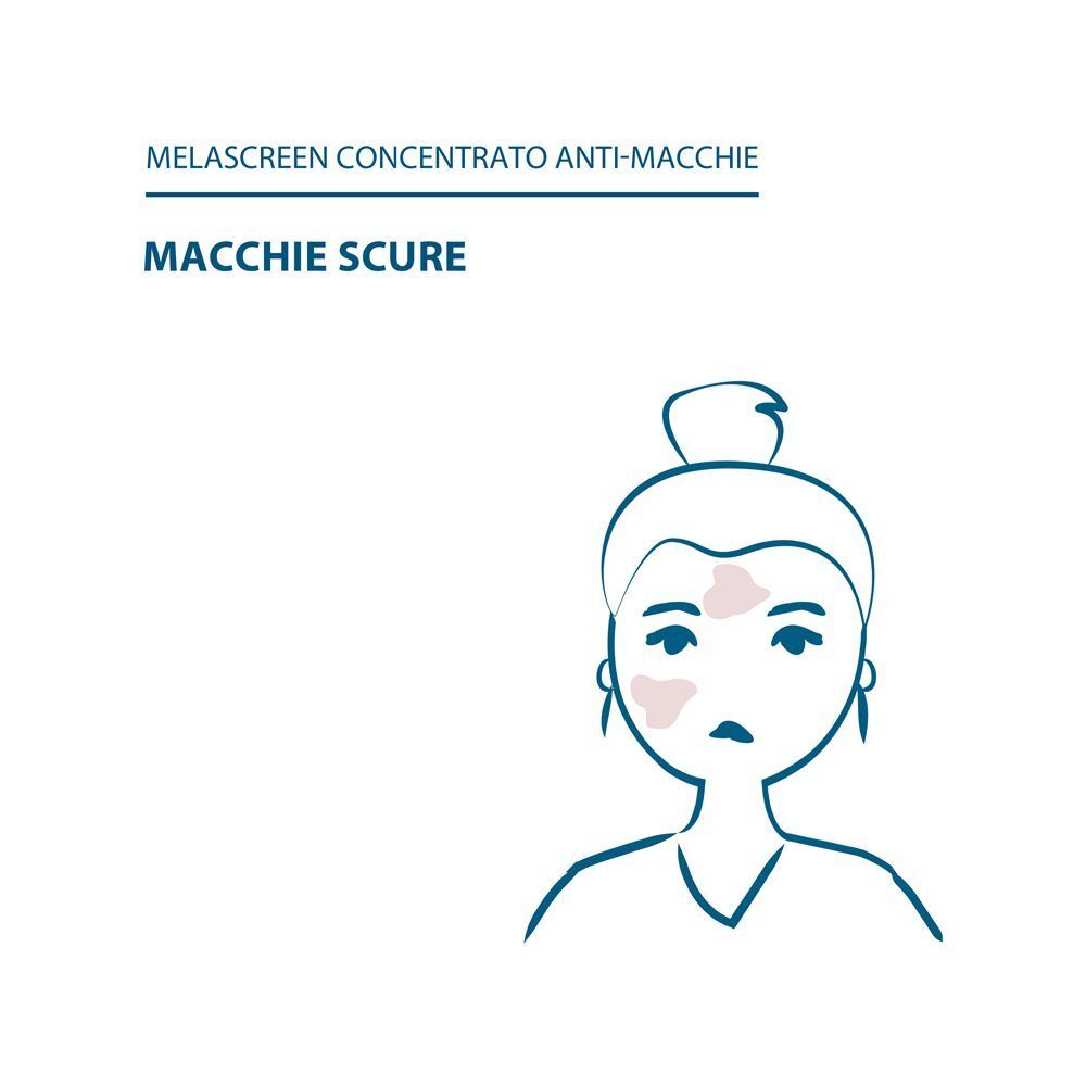 Illustrazione di una donna con macchie scure sul viso, concentrato Melascreen.