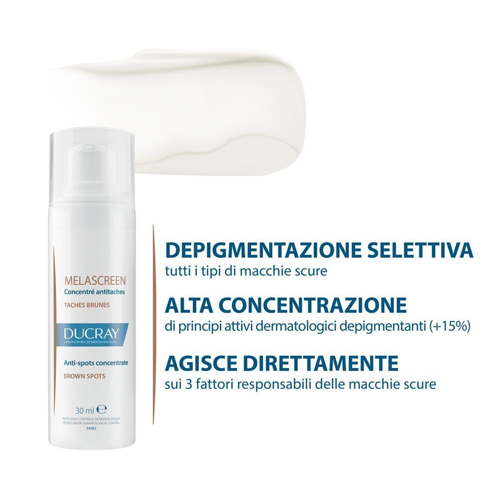 Flacone bianco Ducray Melascreen Concentrato anti-macchie accanto a una striscia di crema bianca.