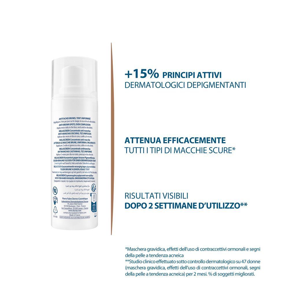 Retro di un flacone Ducray Melascreen Concentrato anti-macchie con informazioni sul prodotto.