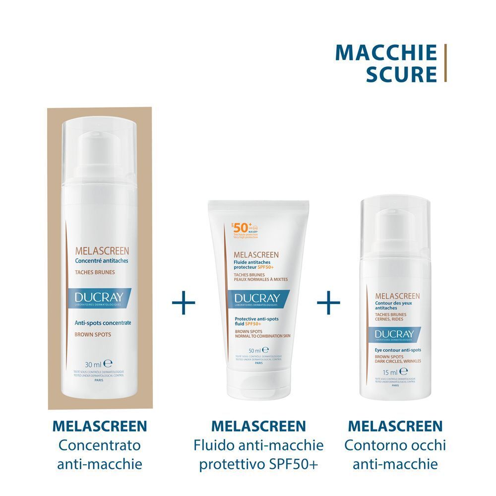 Tre prodotti Ducray Melascreen: concentrato, fluido SPF50 e contorno occhi.