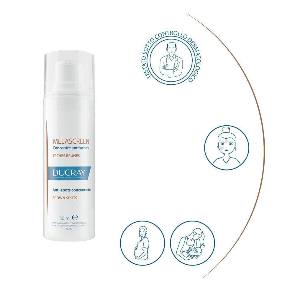 Flacone Ducray Melascreen Concentrato anti-macchie con sigillo testato dermatologicamente.