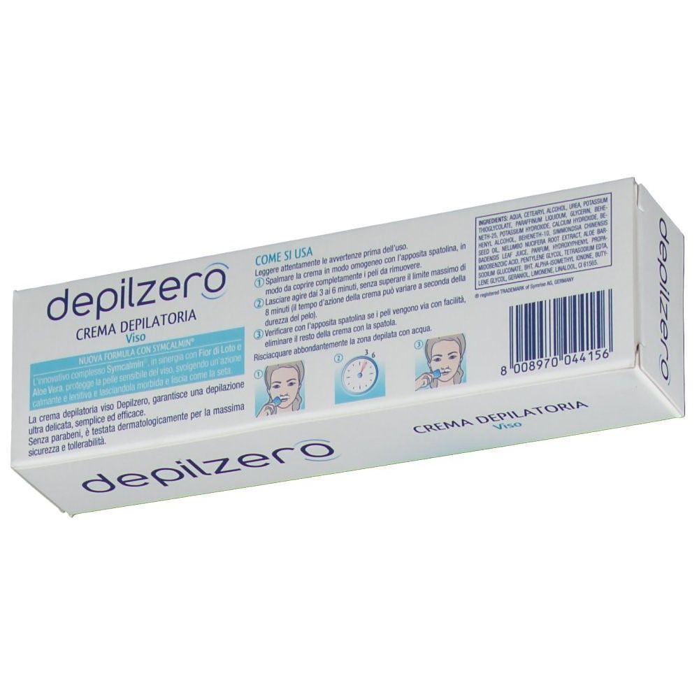 Retro della confezione di crema depilatoria Depilzero per il viso con istruzioni.
