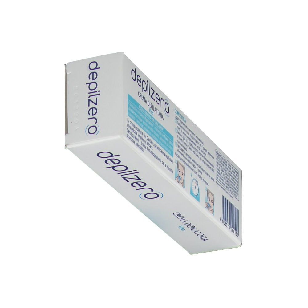 Una confezione di crema depilatoria viso Depilzero, mostrata obliquamente da dietro, confezione bianca con scritte blu.