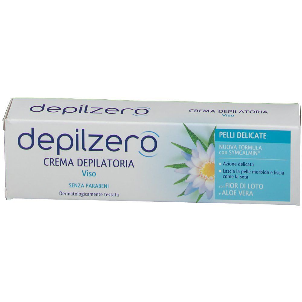 Una confezione di crema depilatoria viso Depilzero, confezione bianca con scritte blu, motivo floreale e testo.