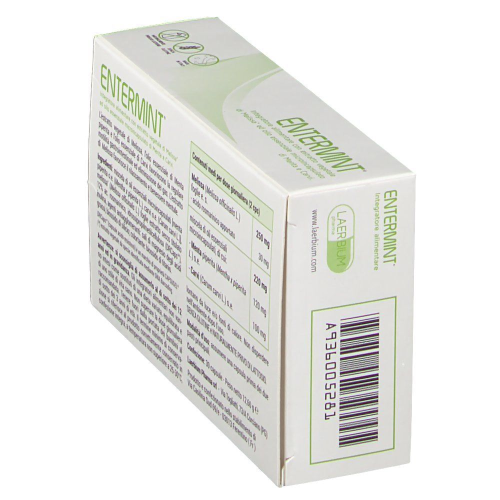 Vista laterale di una confezione di integratore alimentare Entermint con olio di menta e cumino.