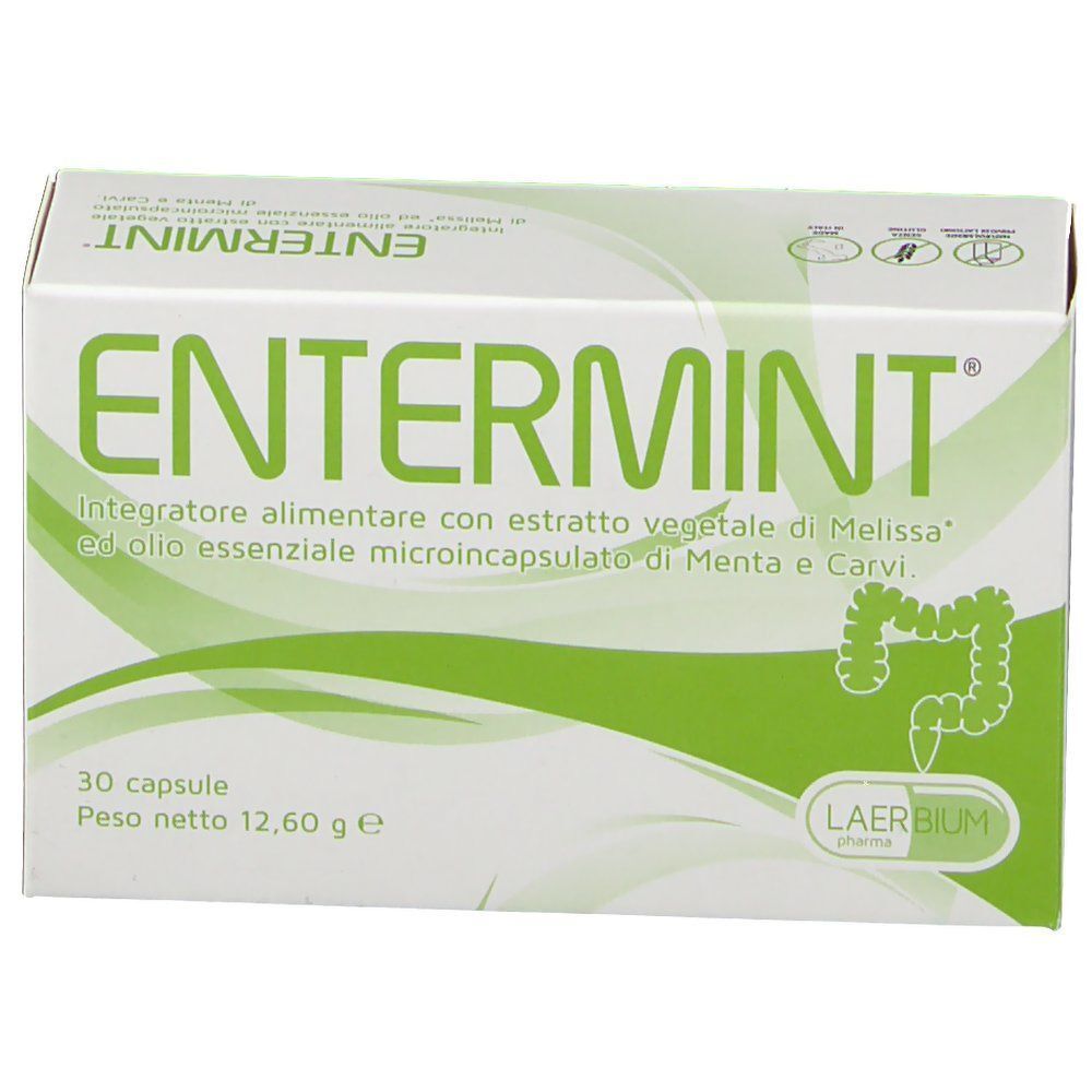 Fronte di una confezione di integratore alimentare Entermint con 30 capsule.