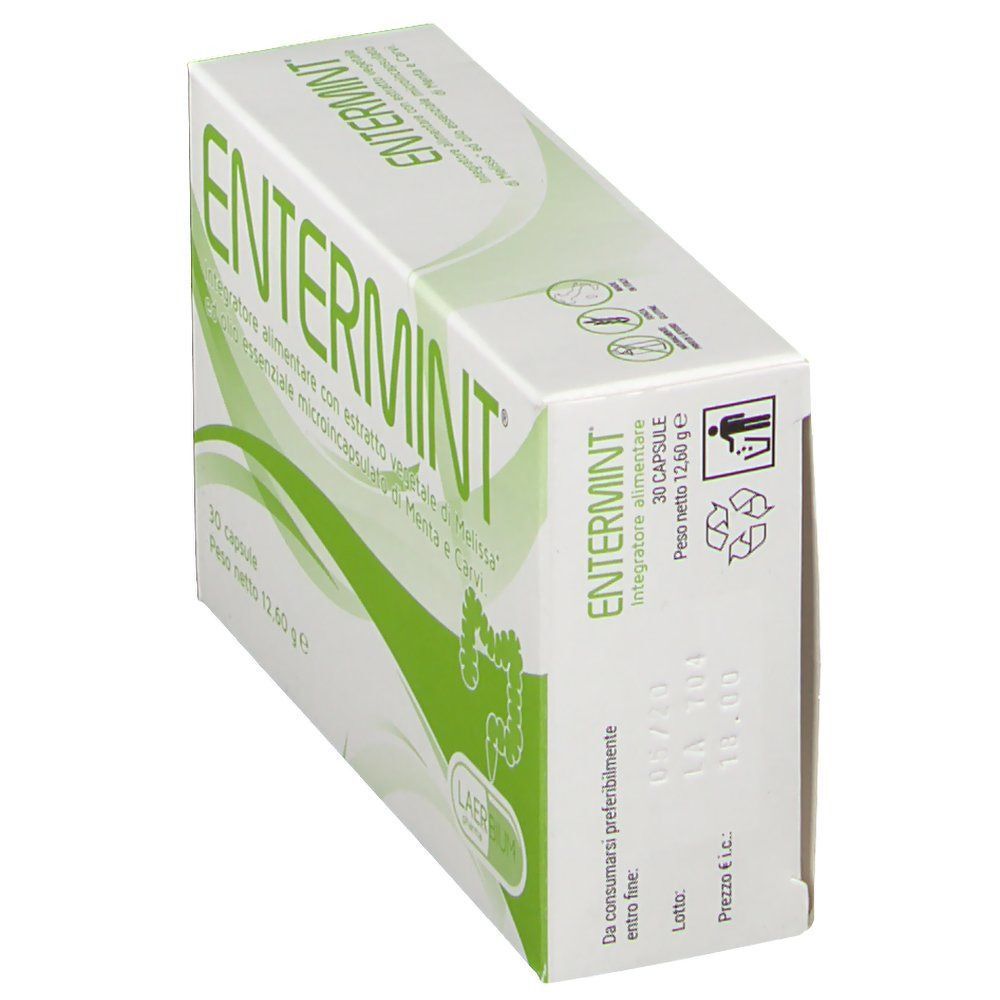 Una confezione Entermint, 30 capsule, peso netto 12,60 g. Vista laterale con informazioni sul prodotto.