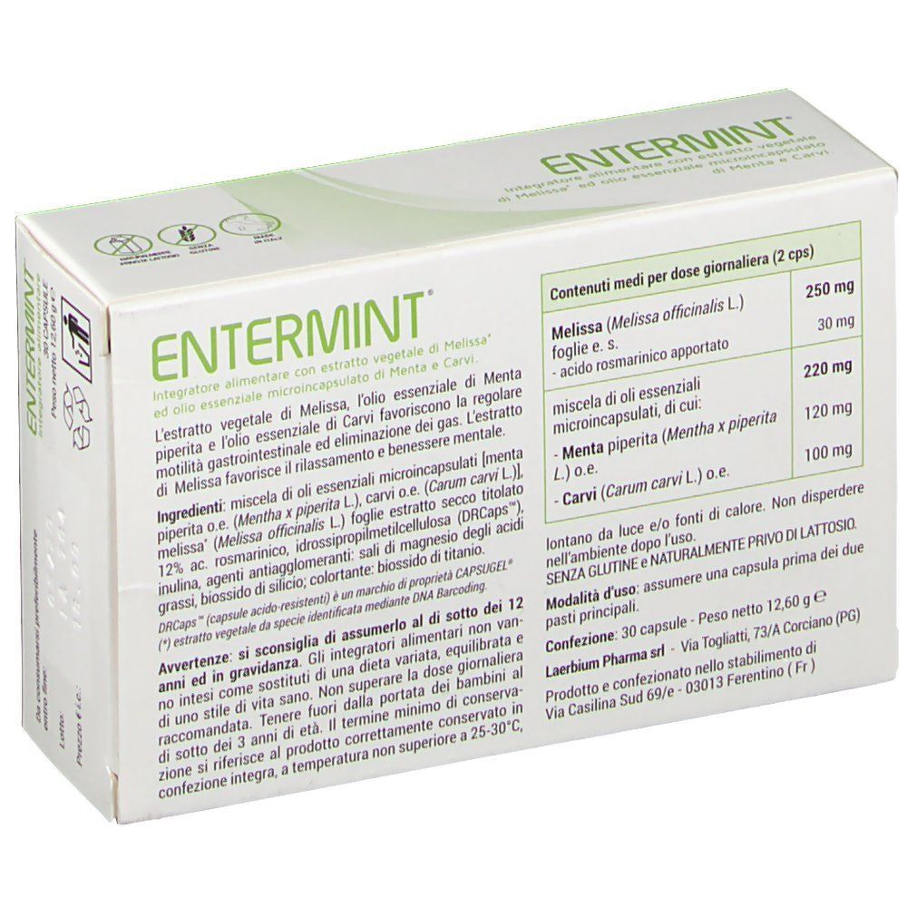 Retro di una confezione Entermint da 30 capsule. Contiene ingredienti e informazioni nutrizionali.