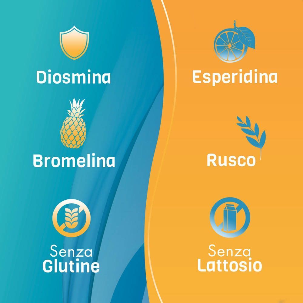 Panoramica ingredienti: Diosmina, Esperidina, Bromelina, Rusco, senza glutine, senza lattosio.