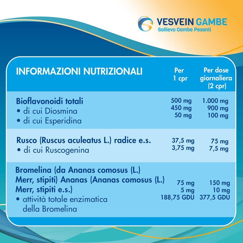 Informazioni nutrizionali per compresse Vesvein Gambe per 1 cpr e dose giornaliera.