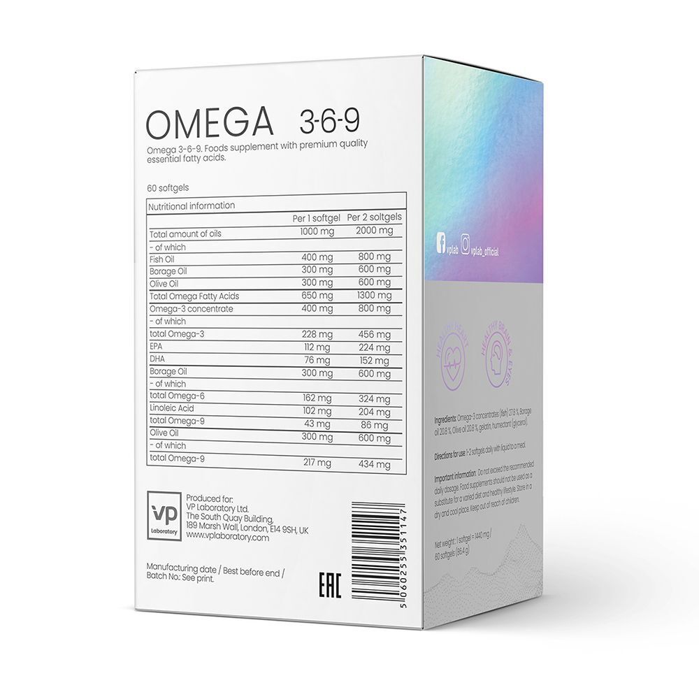 Retro di una scatola VP Laboratory Omega 3-6-9 con informazioni nutrizionali e sigillo EAC.