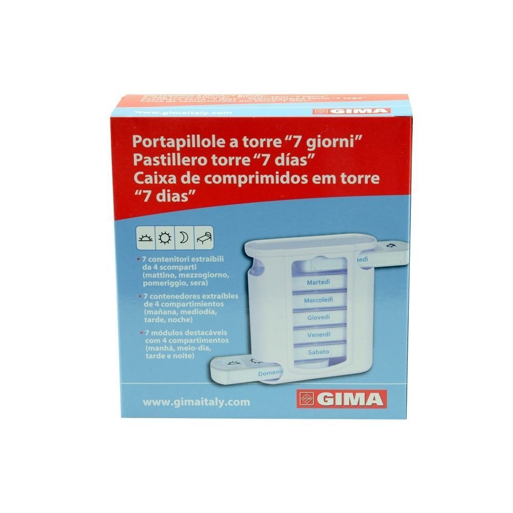 Confezione di un portapillole a torre bianco per 7 giorni, con logo GIMA.