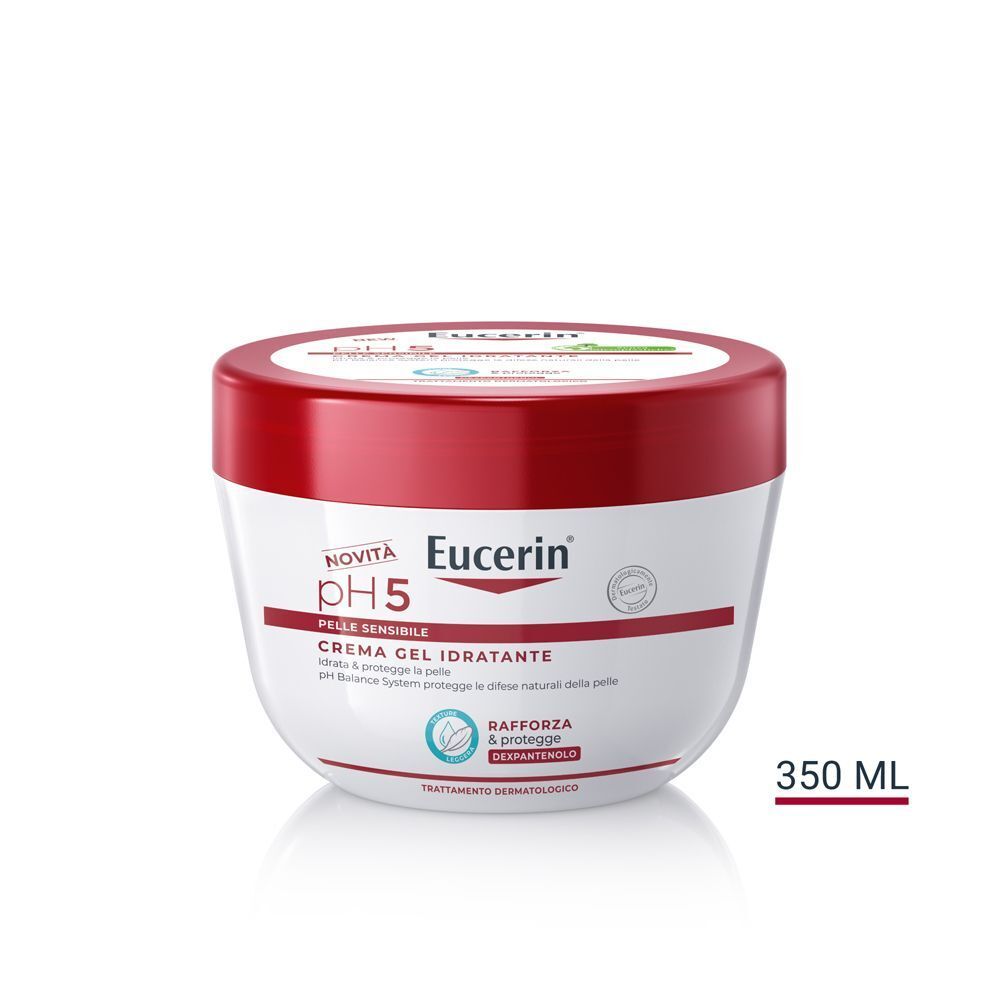 Eucerin pH5 Crema Gel Idratante 350 ml con tappo rosso su sfondo bianco.