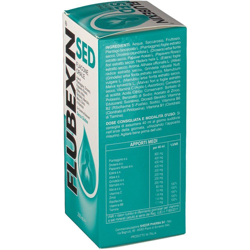 Confezione di sciroppo FLUBEXIN SED 200 ml, vista laterale con ingredienti e dosaggio.