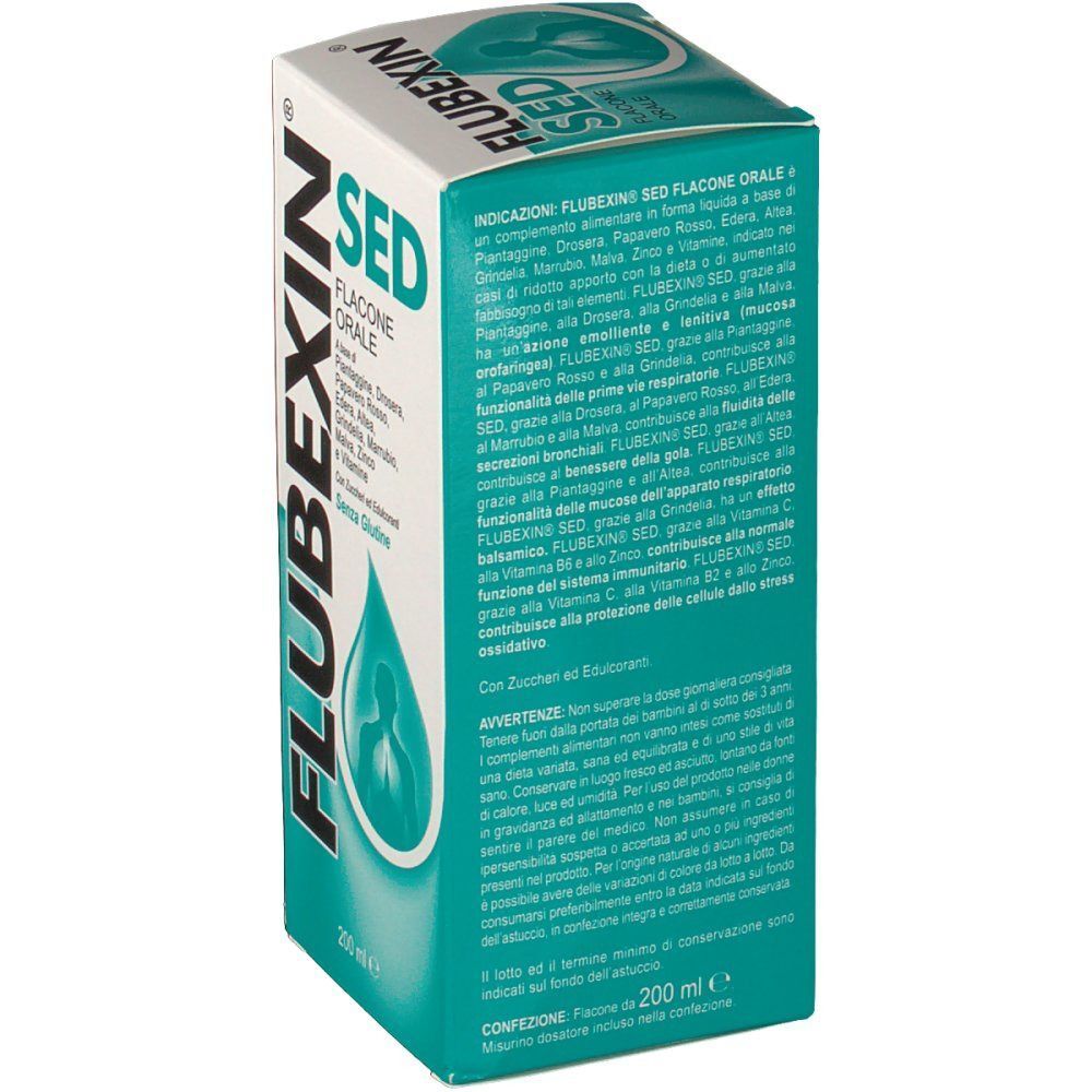 Confezione di sciroppo FLUBEXIN SED 200 ml, vista laterale con istruzioni d'uso.