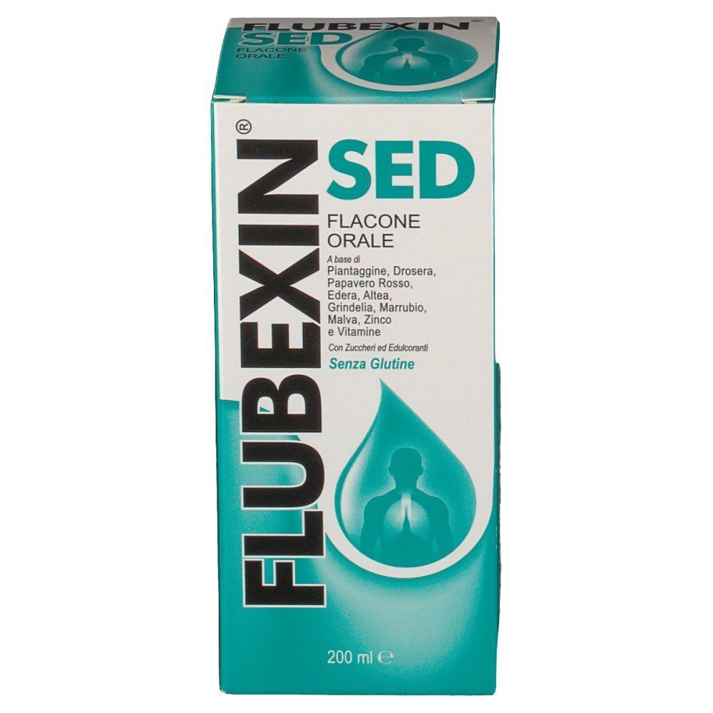 Confezione di sciroppo FLUBEXIN SED 200 ml, vista frontale con simbolo a goccia.