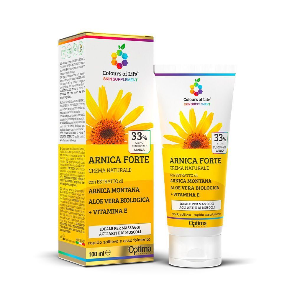 Crema Arnica Forte (100 ml) e la sua confezione con estratto di Arnica, Aloe Vera Bio e Vitamina E.