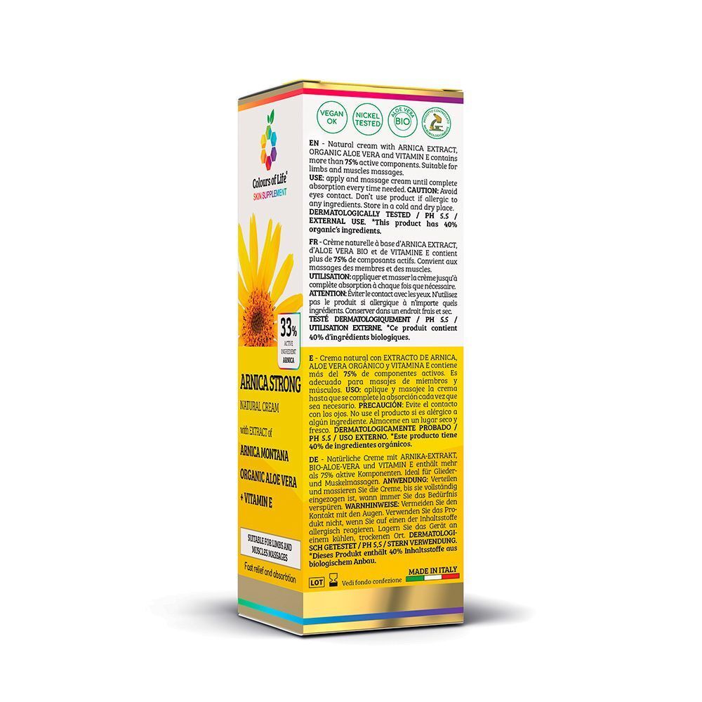 Lato di una confezione di crema per la pelle Arnica Forte con testo, certificazioni e motivo girasole.