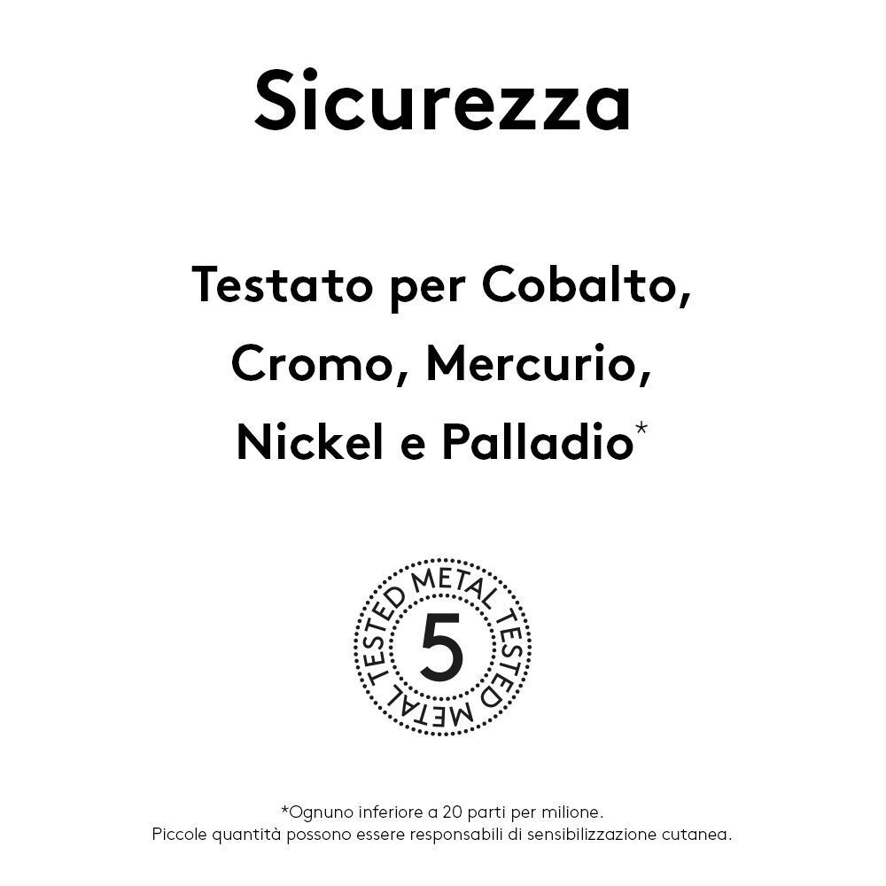 Nota di sicurezza: Testato per Cobalto, Cromo, Mercurio, Nichel e Palladio. Metallo 5 testato.