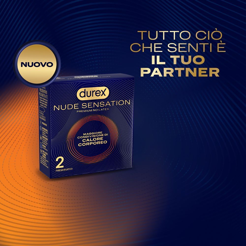 Confezione di preservativi Durex Nude Sensation (2 pezzi). Cerchio "Nuovo" e testo "Tutto ciò che senti è il tuo partner".