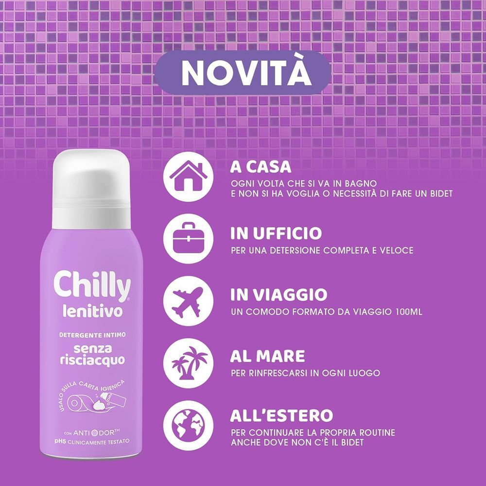 Flacone spray viola di Chilly Lenitivo, detergente intimo senza risciacquo, con indicazioni d'uso.