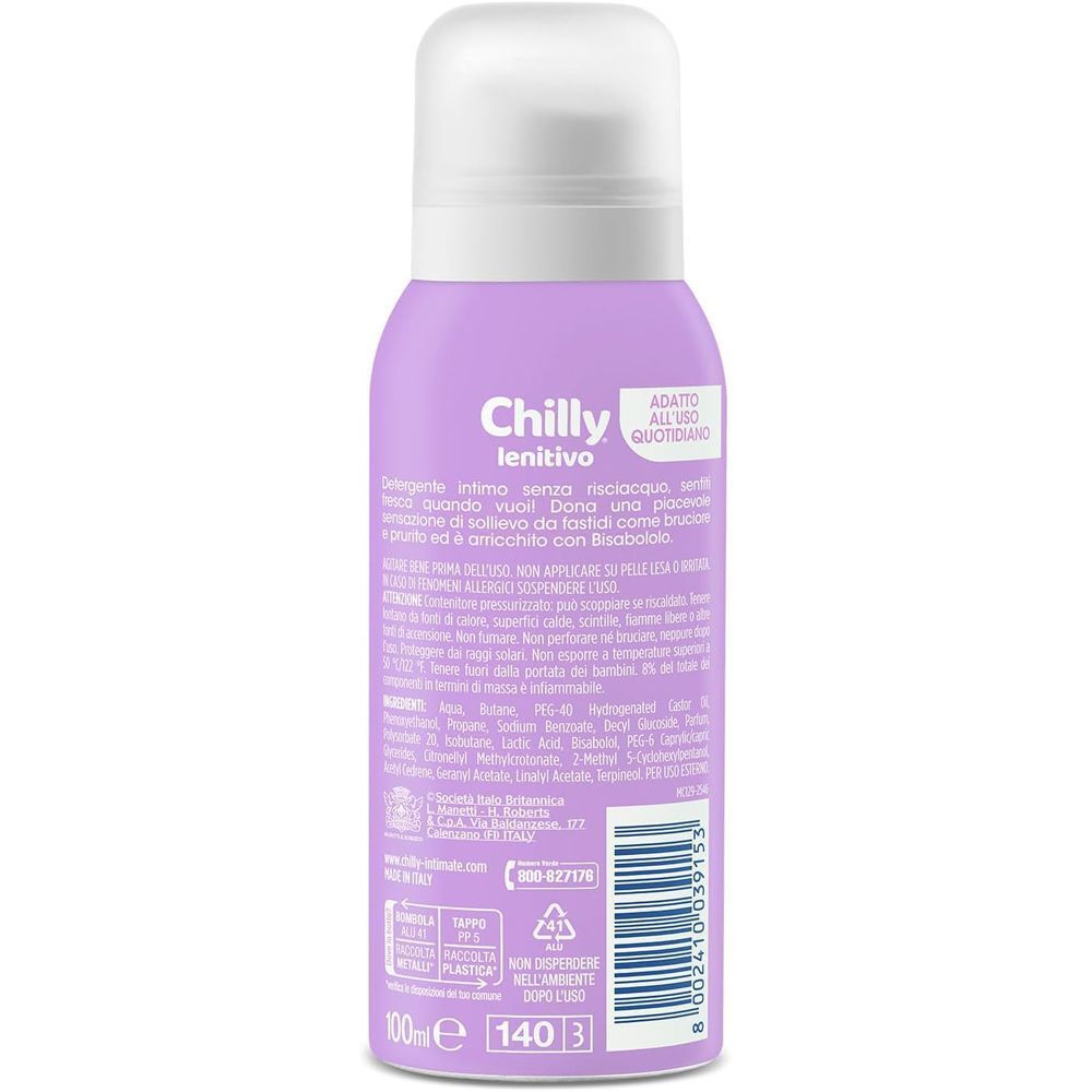 Retro di un flacone di Chilly Detergente Intimo Lenitivo senza risciacquo, con informazioni sul prodotto.