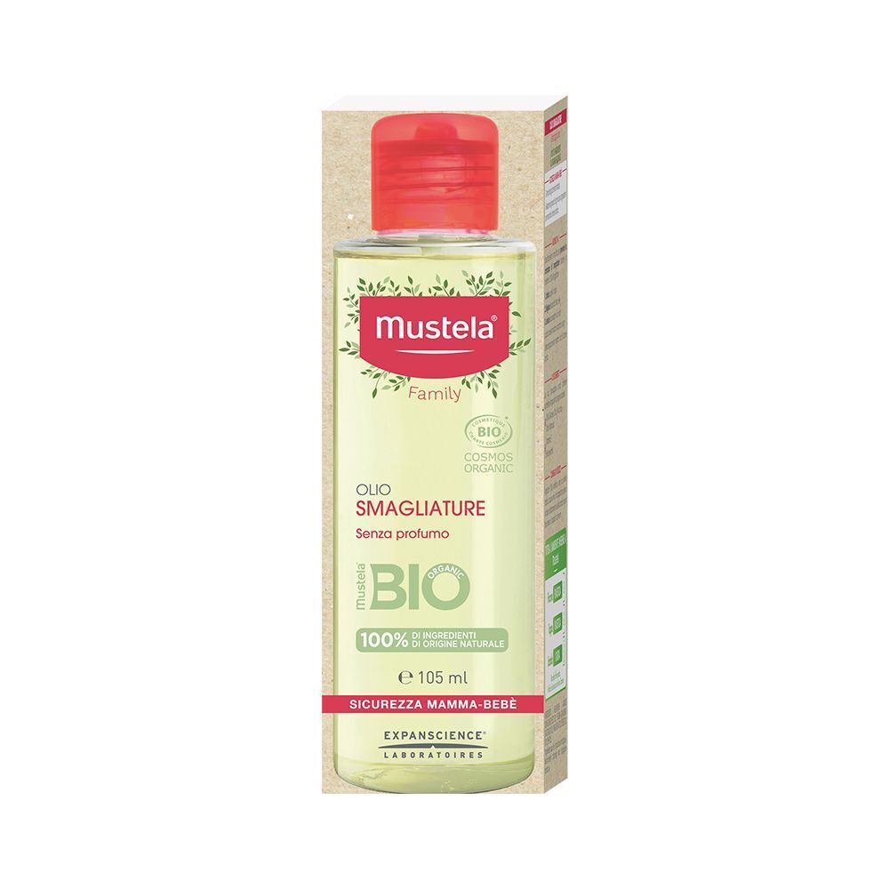 Flacone di Olio Smagliature BIO Mustela con tappo rosso, motivo floreale e scatola.