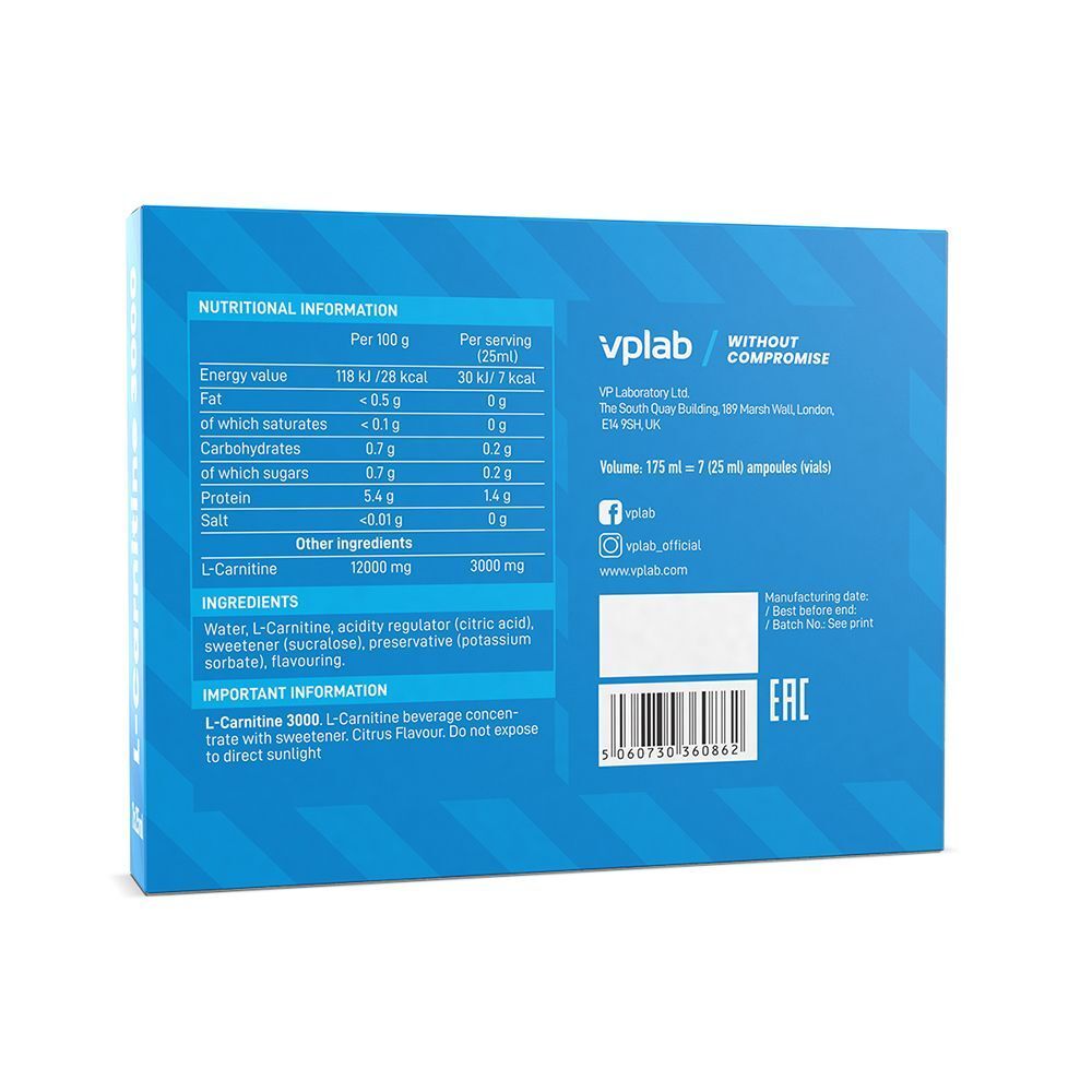 Retro della confezione VPLAB L-Carnitine 3000 Citrus con informazioni nutrizionali e ingredienti.