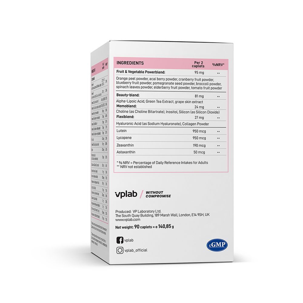 VPLAB Ultra Women's Multivitamin Formula: elenco ingredienti con polveri di frutta e verdura, miscela bellezza.